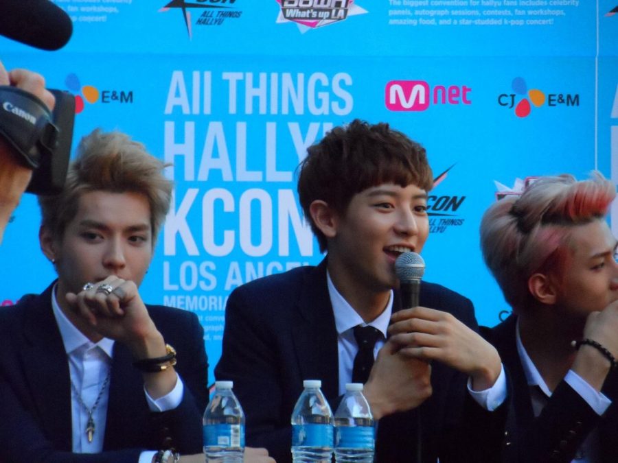 EXO members Kris, Chanyeol, and Sehun during their viewing session.