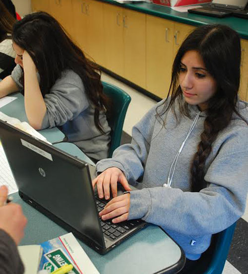 Junior Hripsime Khachaturyan plays the virtual stock market game on her computer.