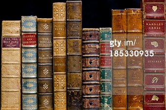 Various classic books are displayed on a shelf. 