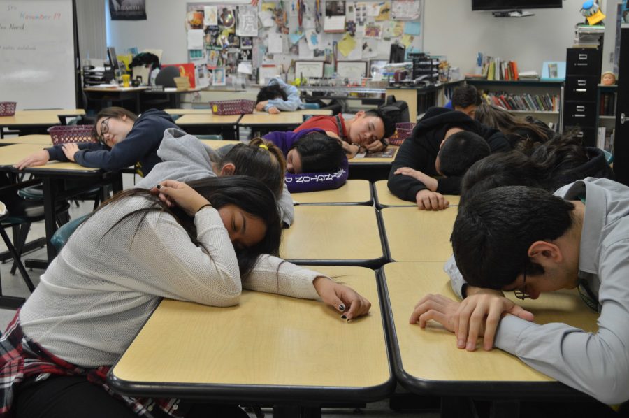 Students falling asleep in class due to an insufficient amount of sleep the night prior. 
