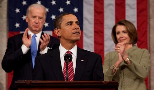 Obama delivering a speech at joint session of Congress with Vice President Joe Biden and House Speaker Nancy Pelosi.