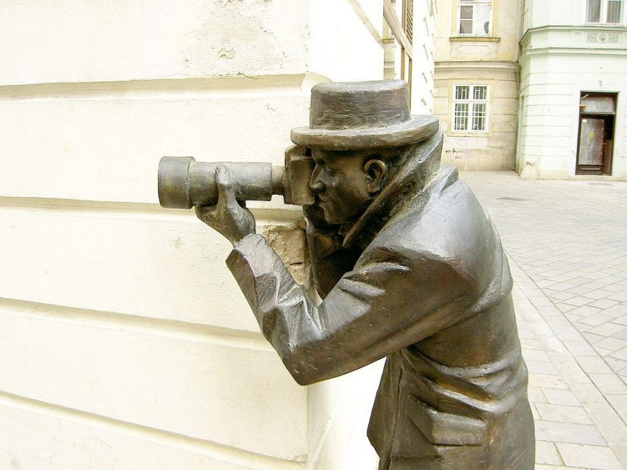 Statue of the paparazzi in Bratislava, Slovakia.