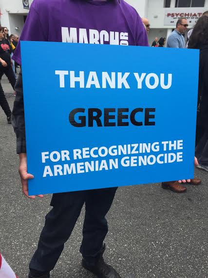 A sign held by a protester at the march for justice in Hollywood thanking Greece for recognizing the Armenian Genocide.
