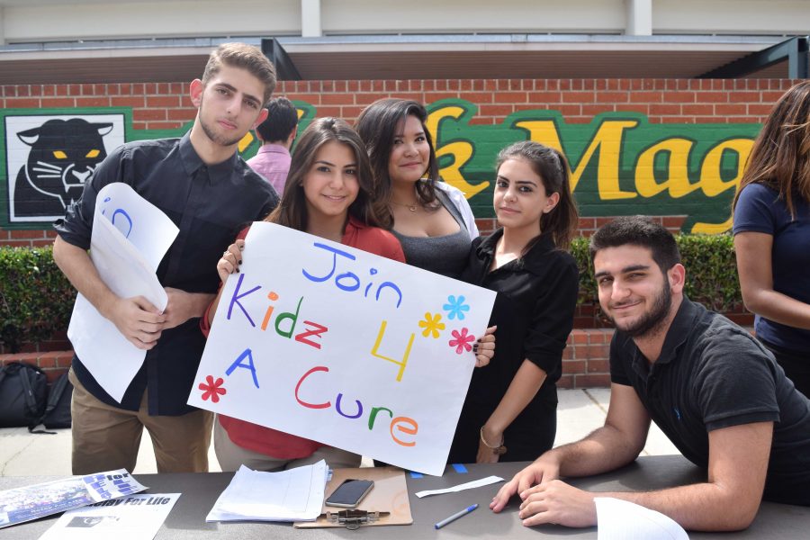 (From left to right)
Senior Narek Asaturyan, President of Kids for a Cure, Senior Syuzi Sargsyan, Secretary Junior Andrea Bernardo, Vice President of Kids for a Cure, Junior Diana Khosrovyan and Allen Sotiri are ready to start their new club with its first members.
