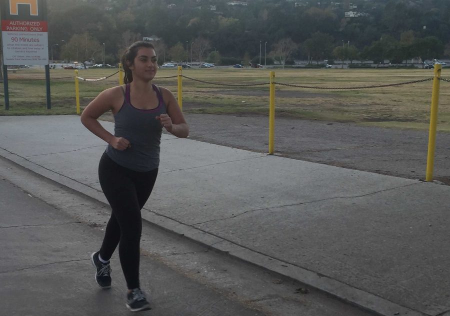 Shabanian just starts her 5-mile workout with the Pasadena Pacers. Running helps her relieve stress.
