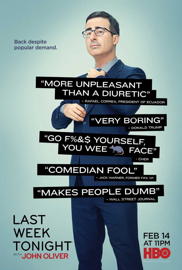 A promo poster for Last Week Tonight season three airing Sunday nights at 11 pm on HBO.