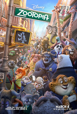 The official movie poster for Zootopia.
