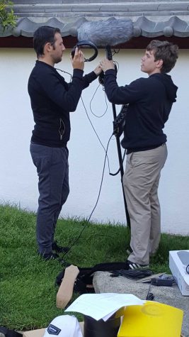 Seniors Arman Aloyan and Paul Kellogg are setting up the audio system for the feature film. The movie needed a clear crisp audio to have the feel of an actual film. 
