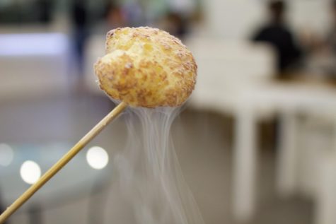 A cereal puff with liquid nitrogen. 