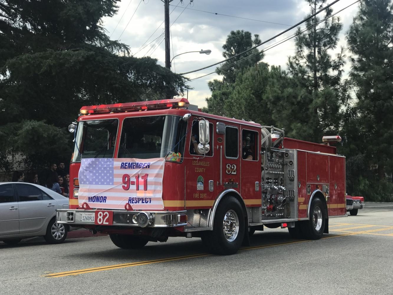 The Los Angeles Fire Department drives around La Crescenta to help remember 9/11.