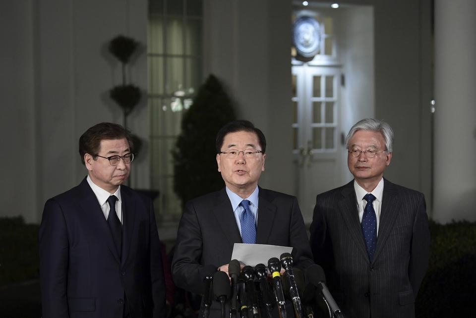 South Korean National Security Advisor Chung Eui-yong briefs the press on his meeting with President Trump.
