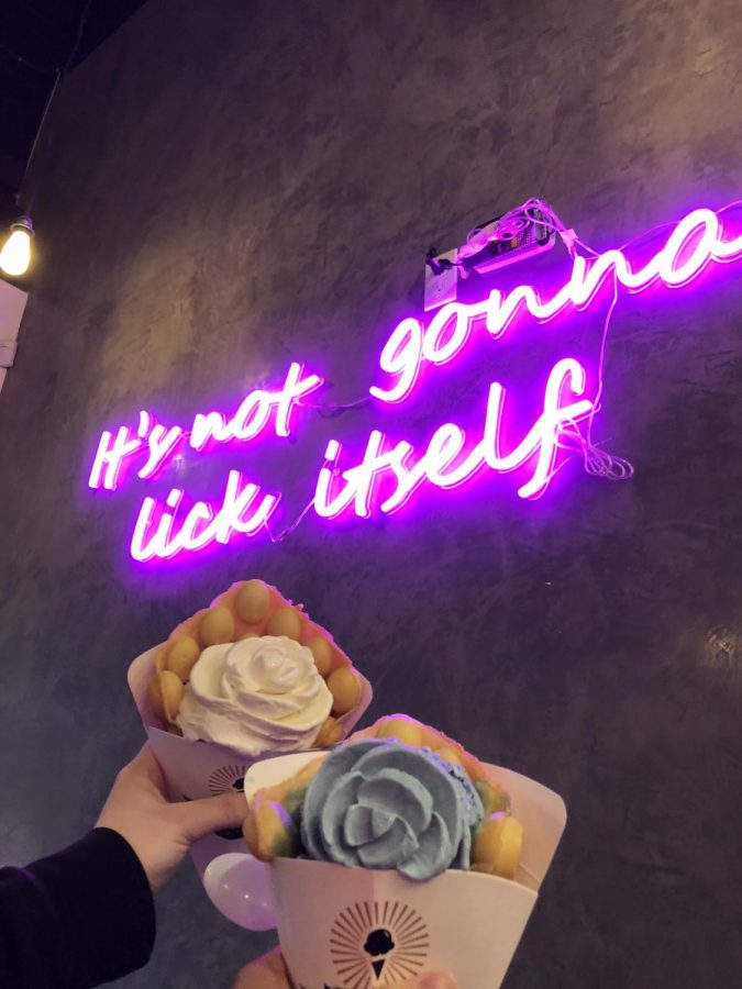 The famed neon sign and and ice cream in puffled cones.