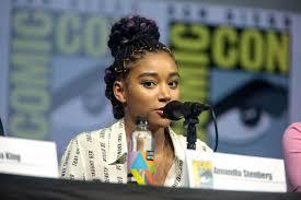 Amandla Stenberg, the star of The Hate U Give, at a press conference at the San Diego Comic Con.