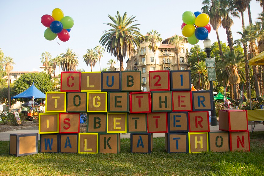 The welcoming entrance sign to the Walk-a-Thon constructed of cardboard letter blocks.