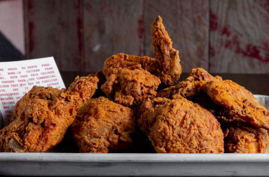 Simply served on a tray, the fried chicken is a must try filled with an explosion of savory flavors. 