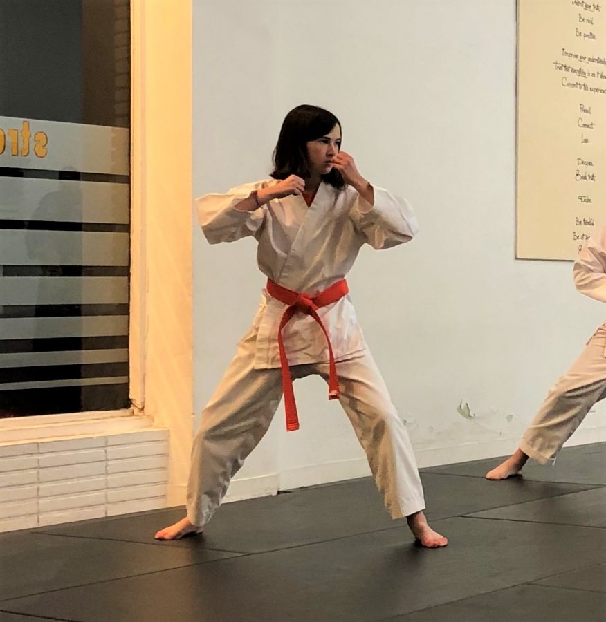 Junior Anna Tobey readies her fighting stance during her Orange Belt Test. Testing typically happens inside the dojo to measure a student’s progress in both the physical and mental aspects of the training.