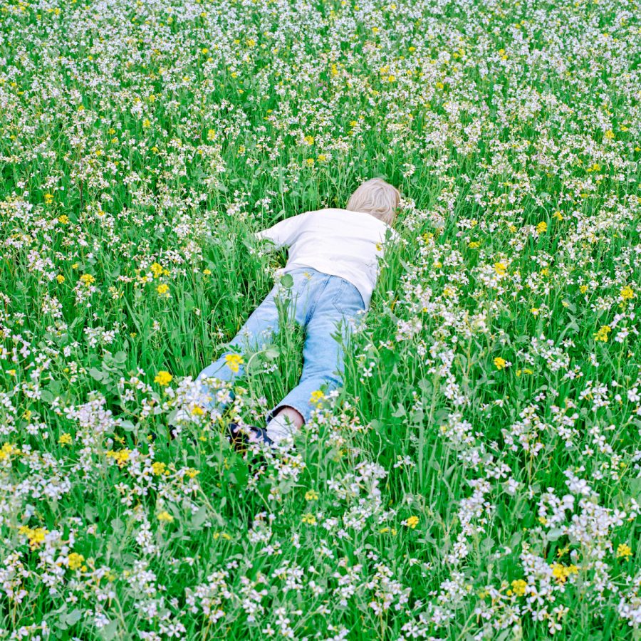The album cover for Nurture features Porter Robinson himself, laying face down in a flowery field.