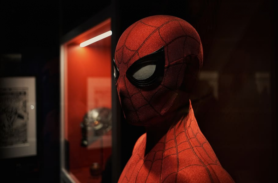 A+Spider-Man+suit+in+the+Marvel+Avengers+S.T.A.T.I.O.N.+attraction+in+Las+Vegas.+