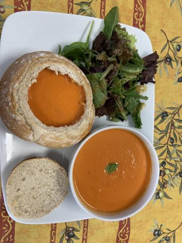 The Creme de Tomato Soup was served in a sourdough bread bowl and came with salad. 