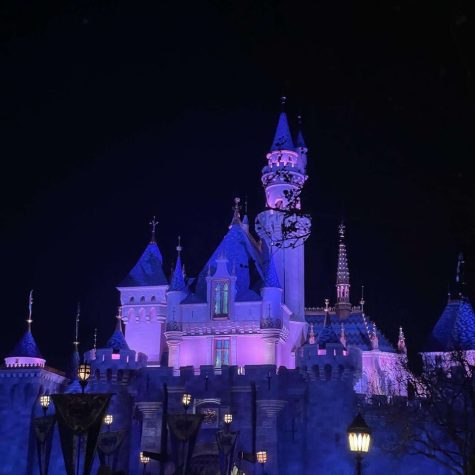Purplish pink hues light up the Sleeping Beauty castle as night falls over Disneyland. 