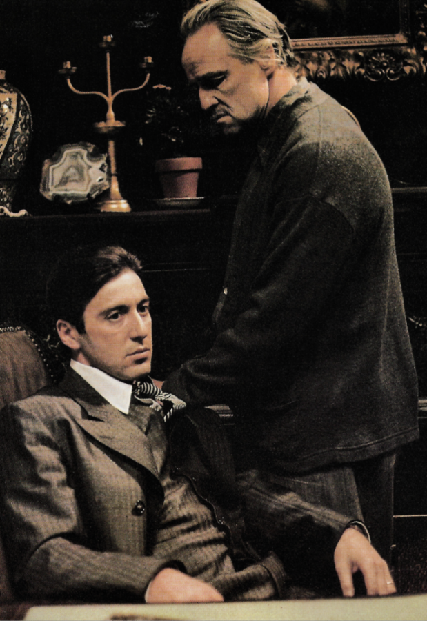 Al Pacino as Michael Corleone, and Marlon Brando as Don Vito Corleone in Mario Puzos The Godfather.