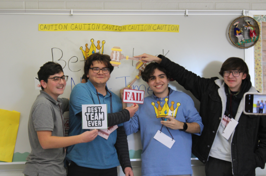 Left to right: Sophomores Michael Kmbikyan, Gabriel Mendoza, Sion Yousefi, and Dalten Murillo posing for a picture after finishing the escape room.