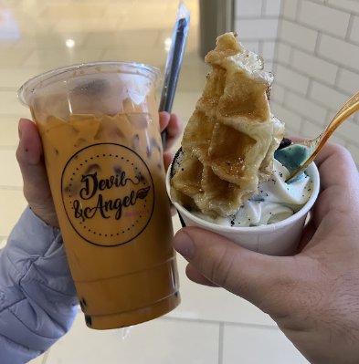  Thai Tea drink and Cookie Monster and Vanilla flavored ice cream with a waffle slice on top from Angel & Devil Desserts. 