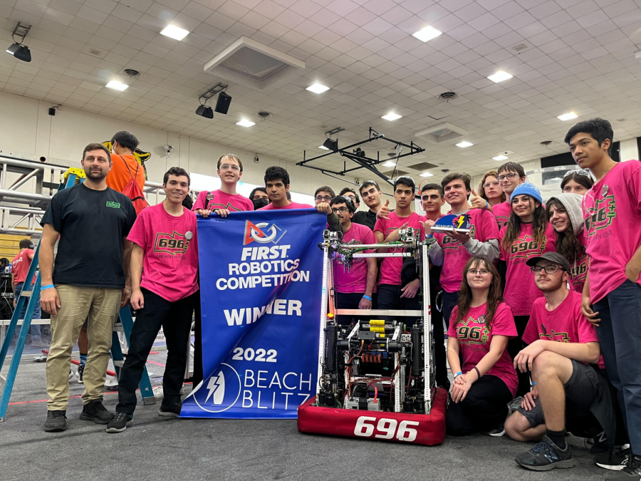 Team 696 poses with their award-winning robot.