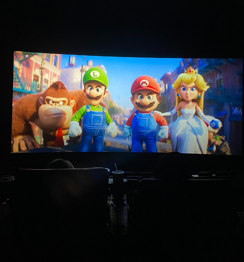 The main characters, Donkey Kong, Luigi, Mario, and Princess Peach prepare for their last battle of the movie. 