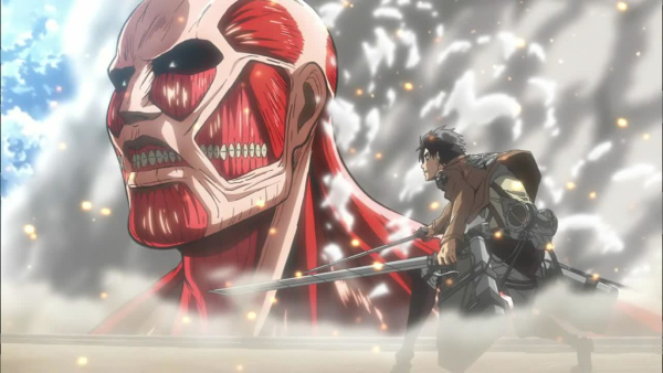 Protagonist Eren Jaeger fighting against a Colossal Titan