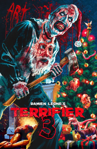 The nightmare continues as Art the Clown returns, delivering a gruesome night overflowing with blood and unmatched terror before Christmas, as seen in the haunting Terrifier 3 movie poster.