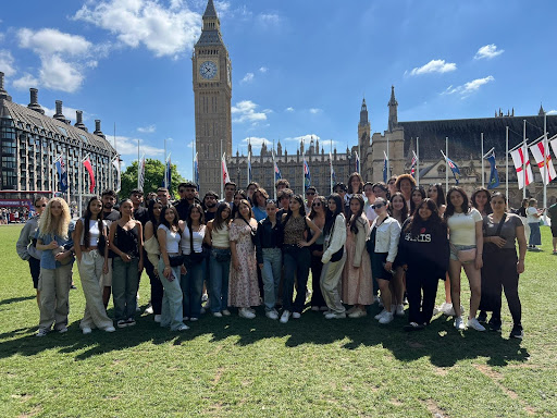 Clark and Hoover students in England, in front of Big Ben.