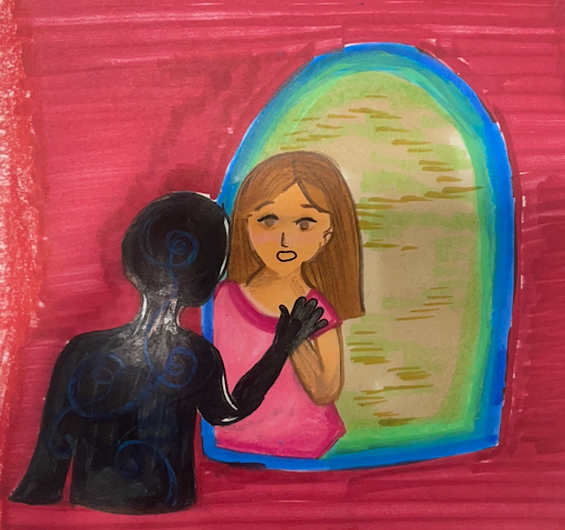 Image of a young girl questioning her identity in front of the reflection of the mirror.
