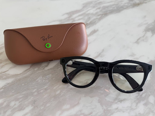 Gen 2 Ray-Ban Meta Low Bridge Fit Headliner glasses with blue light lenses and its case.
