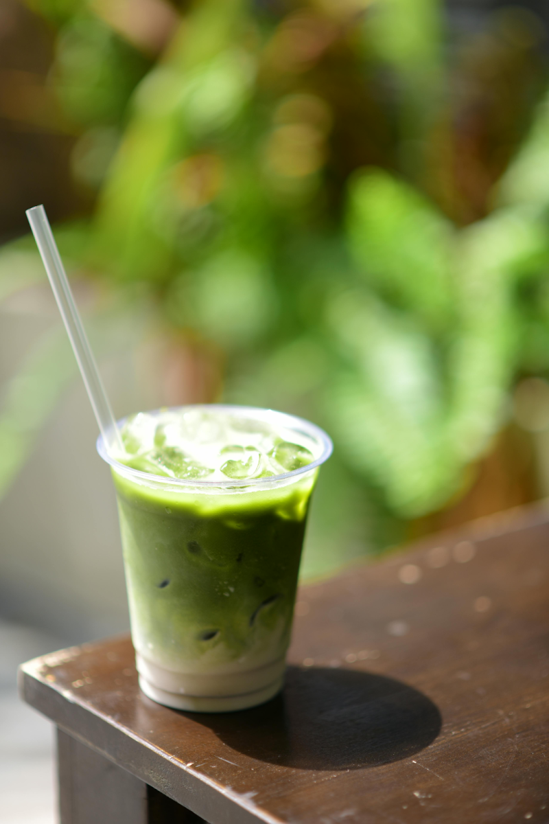 What an American matcha latte looks like, with a vibrant, rich green color.
