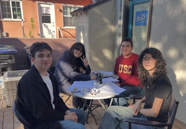 Clark students Tigran Akopyan, Tiffany Ghayvandian, Allen Papyan, and Emily Tatiyants phone bank for Glendale City Council candidate Alek Bartrosouf.